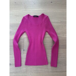 Merokeety Pink Ribbed SquareNeck Knit Top Elena Gilbert Y2K Fitted Long Sleeve M